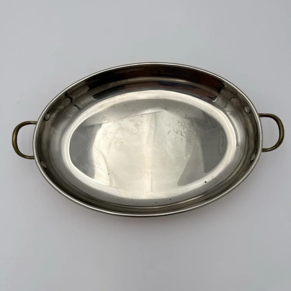 Vtg Copper Gratin Tin Lined Oval Pan Dish Cookware Brass Handles Wall Hanging